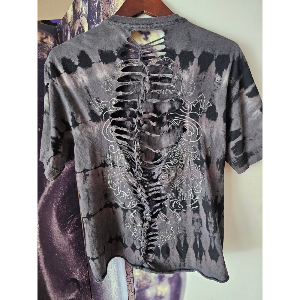 AFFLICTION Women Distressed Tie Dye Graphic‎ T Shirt Cut Out Ripped Gray L/XL - Picture 5 of 9